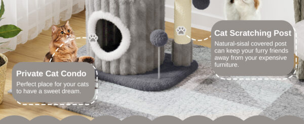 Oak & Tea Cat Tree Small 53cm with Scratch column Cave Seat & 2 Play Balls Cat House for Cats & Kittens Light Grey - Image 10