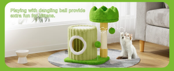 Oak & Tea Cat Tree Small 53cm with Scratch column Cave Seat & 2 Play Balls Cat House for Cats & Kittens Light Grey - Image 14