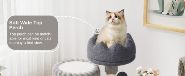 Oak & Tea Cat Tree Small 53cm with Scratch column Cave Seat & 2 Play Balls Cat House for Cats & Kittens Light Grey - Image 9