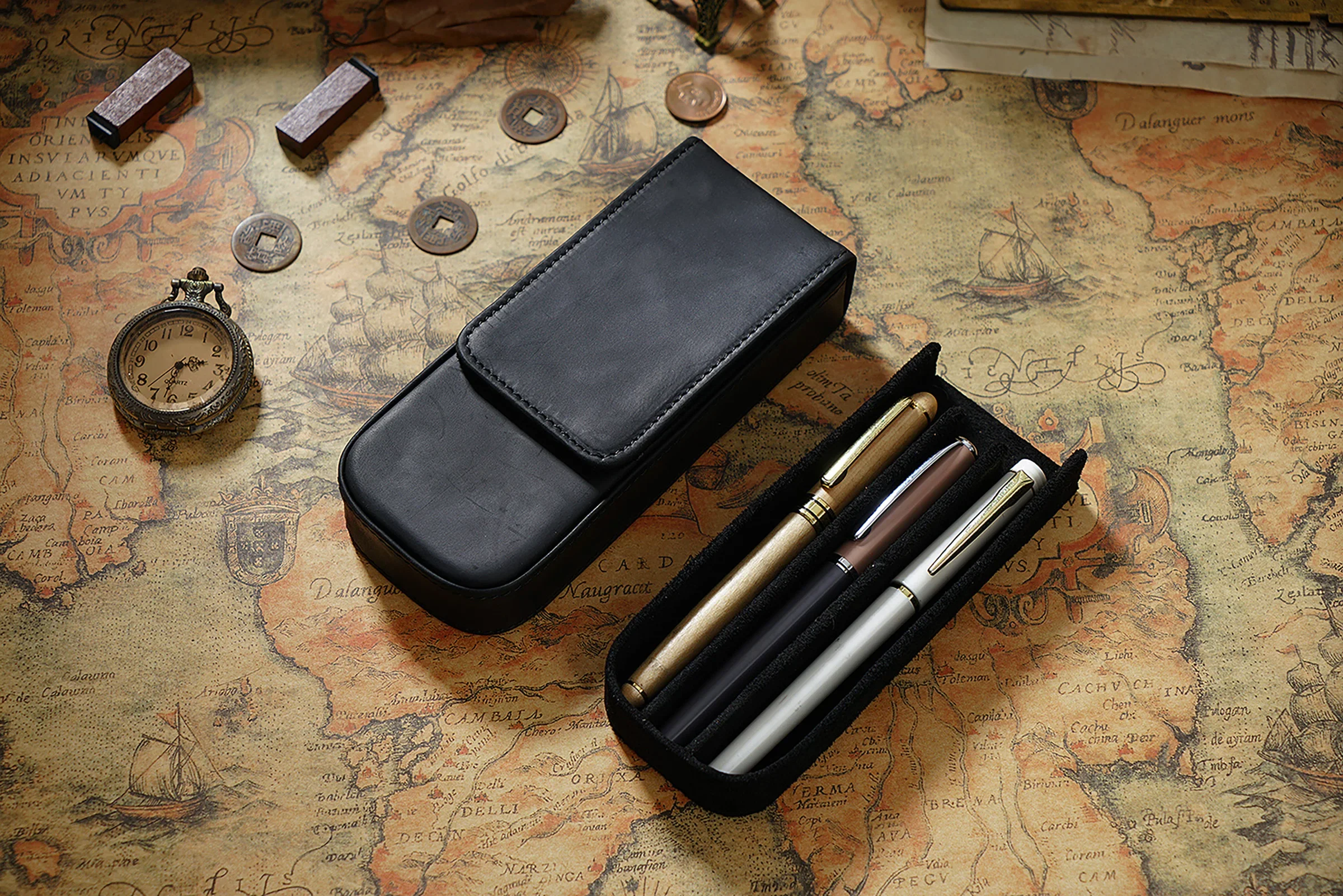 Genuine Leather Fountain Pen Case with Removable Pen Tray Holder for Three Fountain Ballpoint Rollerball Pens and Pencils - Image 23