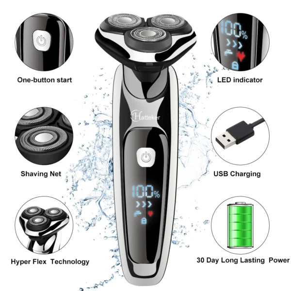 HATTEKER 3in1 Wet Dry Powerful Electric Razor Men Body Beard Hair Trimmer Rechargeable Electric Shaver Face Shaving Machine Kit - Image 2