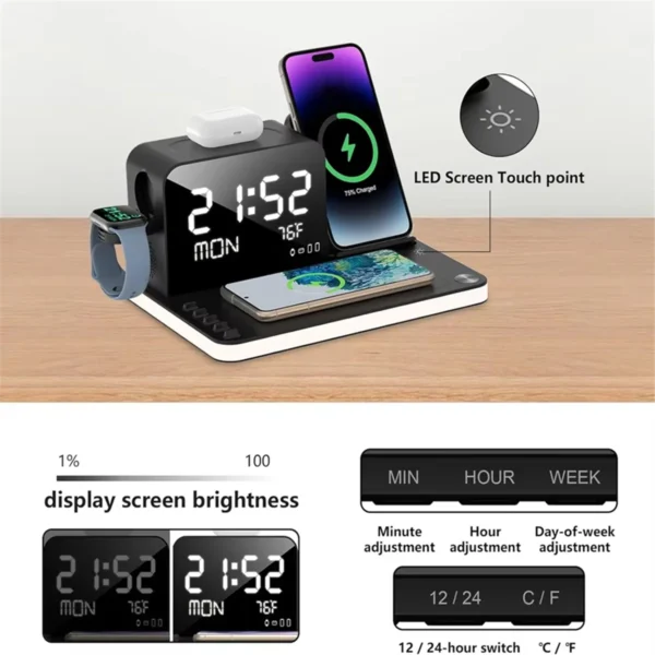 Wireless Charging Station 7 in 1 Fast Charger Stand with Clock Night Lights for Watches Smartphones - Image 6