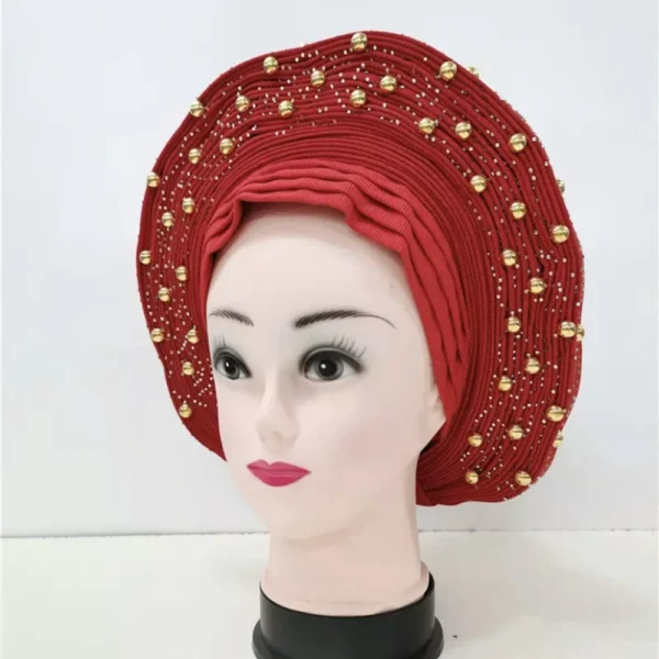African Sego Gele Headtie Already made Auto Turban Afro Aso Ebi Oke Pink Blue With Stone Beawide Nigerian Brim For Wedding Party - Image 29