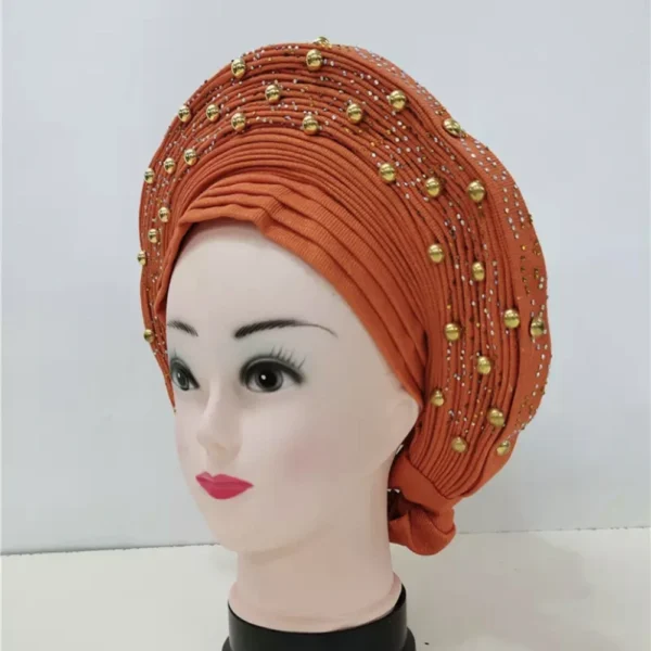 African Sego Gele Headtie Already made Auto Turban Afro Aso Ebi Oke Pink Blue With Stone Beawide Nigerian Brim For Wedding Party - Image 26
