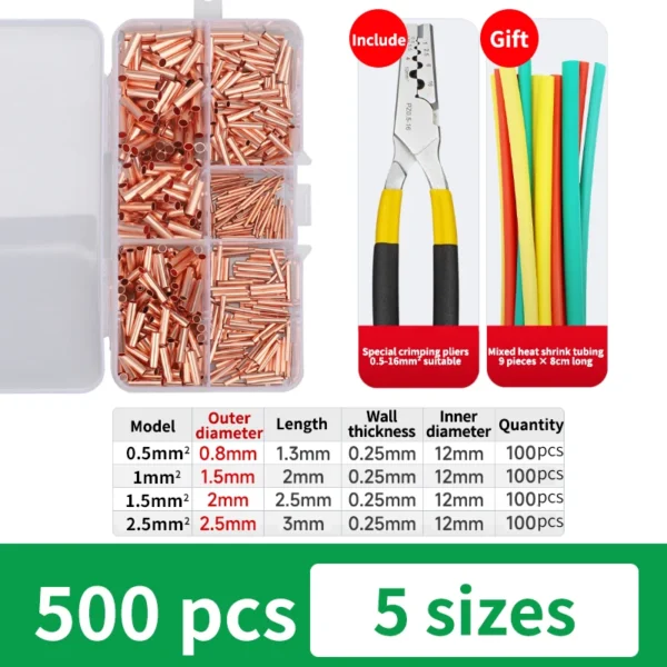GT Copper Connecting Pipe Wire Joint Small Copper Tube Terminal Cable Lug Bootlace Ferrule Kit with Crimping Pliers Tool - Image 9