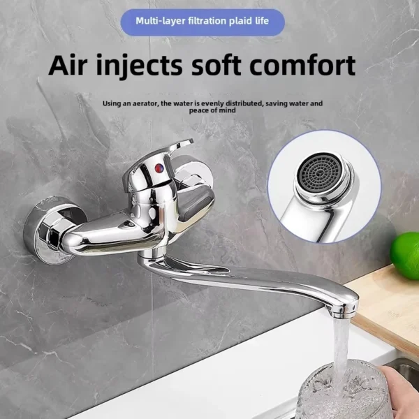 Grifo de agua fría y caliente de pared totalmente de cobre para fregadero de cocina, válvula mezcladora giratoria dos en uno - Image 4