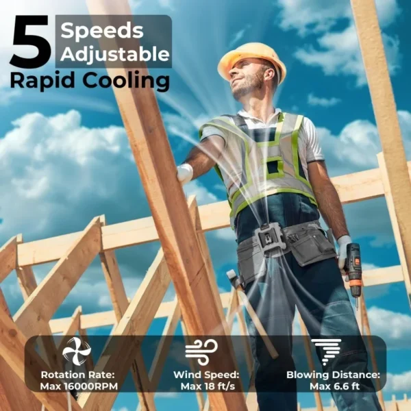 10000mAh Waist Fan Wearable Waist Fan 5 Speeds & Light 40H Hands-Free Cooling for Outdoor Jobsite Travel Long range for outdoor - Image 4