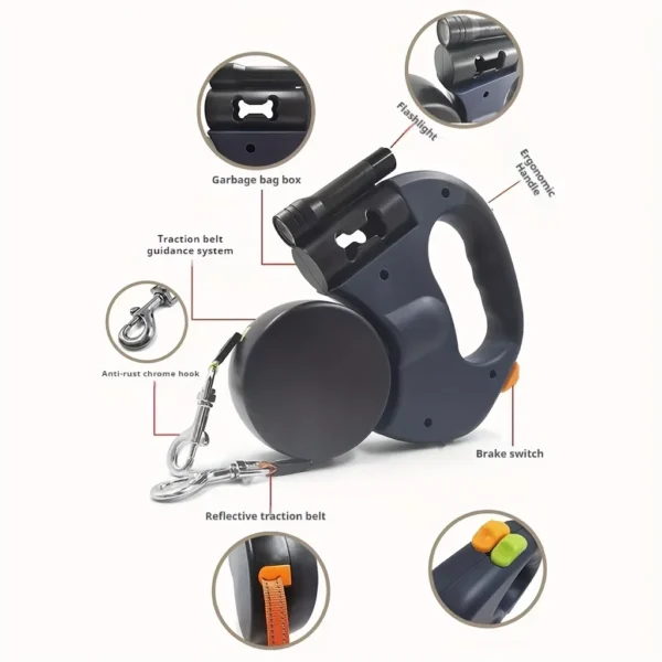 Retractable - Equipped with Pick-up Bag Storage Area, 360° Rotation Anti-Tangle, Pet Outing Traction Rope, Outdoor Walking Dogs - Image 3
