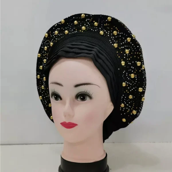 African Sego Gele Headtie Already made Auto Turban Afro Aso Ebi Oke Pink Blue With Stone Beawide Nigerian Brim For Wedding Party - Image 30