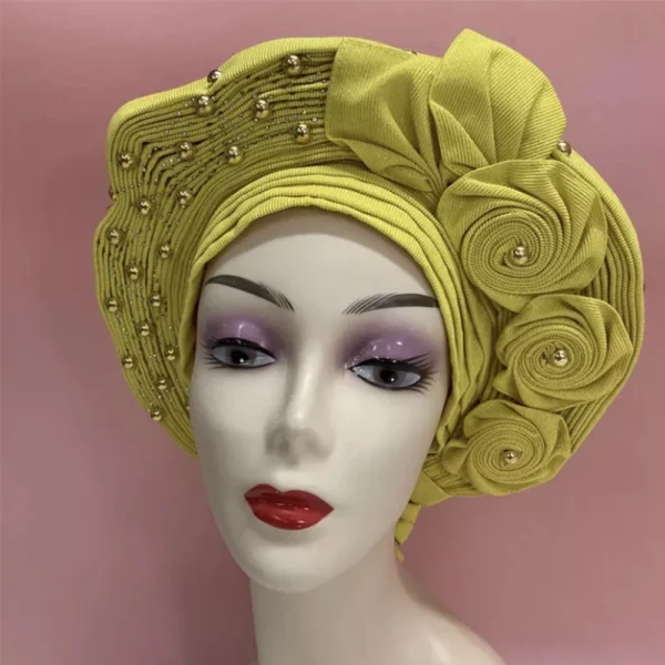 African Sego Gele Headtie Already made Auto Turban Afro Aso Ebi Oke Pink Blue With Stone Beawide Nigerian Brim For Wedding Party - Image 15