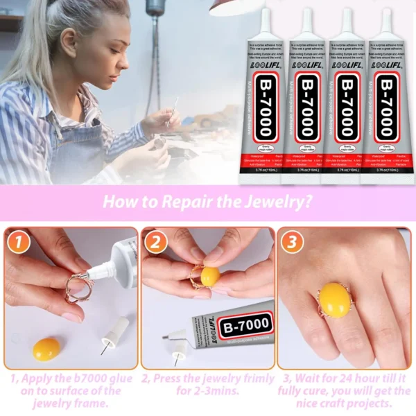 B7000 Glue Transparent contact creative DIY glue, suitable for glass, metal wood, plastic, mobile phone screen glue, with precise applicator head, free exquisite rhinestone, tweezers (15ml/25ml/50ml/110ml) - Image 5