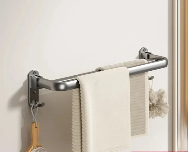 Folding Towel Rack Non Perforated Space Aluminum Toilet Bathroom Wall Mounted Wall Mounted Storage Double Pole Towel Bar - Image 8
