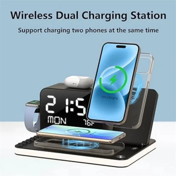 Wireless Charging Station 7 in 1 Fast Charger Stand with Clock Night Lights for Watches Smartphones - Image 3