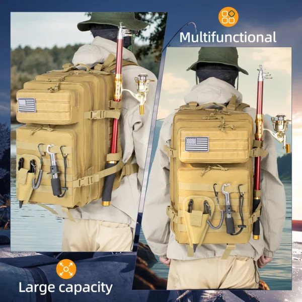 45LTactical Fishing Backpack with Rod Holders - Multifunctional Tackle Bag for Fish Equipment Storage Outdoor Camping Hiking - Image 6