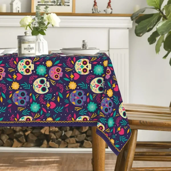 Halloween Mexico Sugar Skull Rectangle Tablecloth Party Decor Reusable Waterproof Tablecloth for Table Halloween Decorations - Image 4