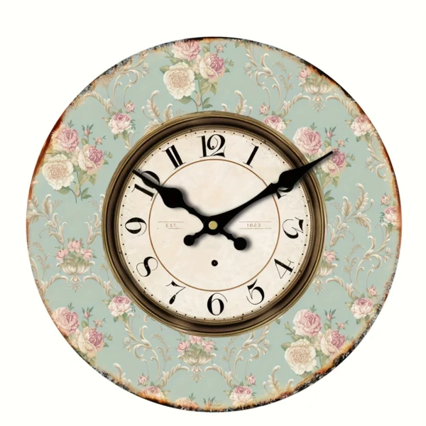 1pc Floral Round Wall Clock For Home Decor Living Room Rustic Clock Retro Clock AA Battery (not Included) - Image 8