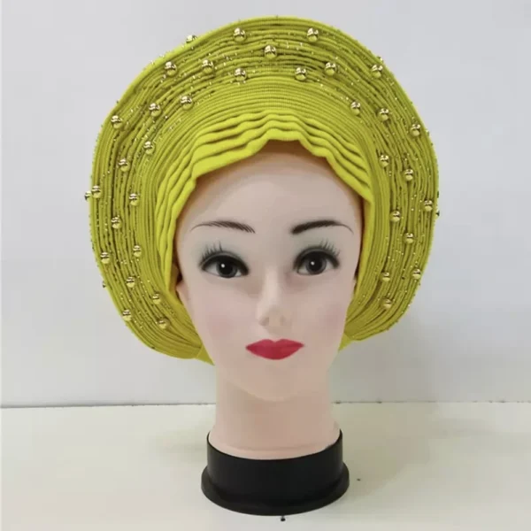 African Sego Gele Headtie Already made Auto Turban Afro Aso Ebi Oke Pink Blue With Stone Beawide Nigerian Brim For Wedding Party - Image 28