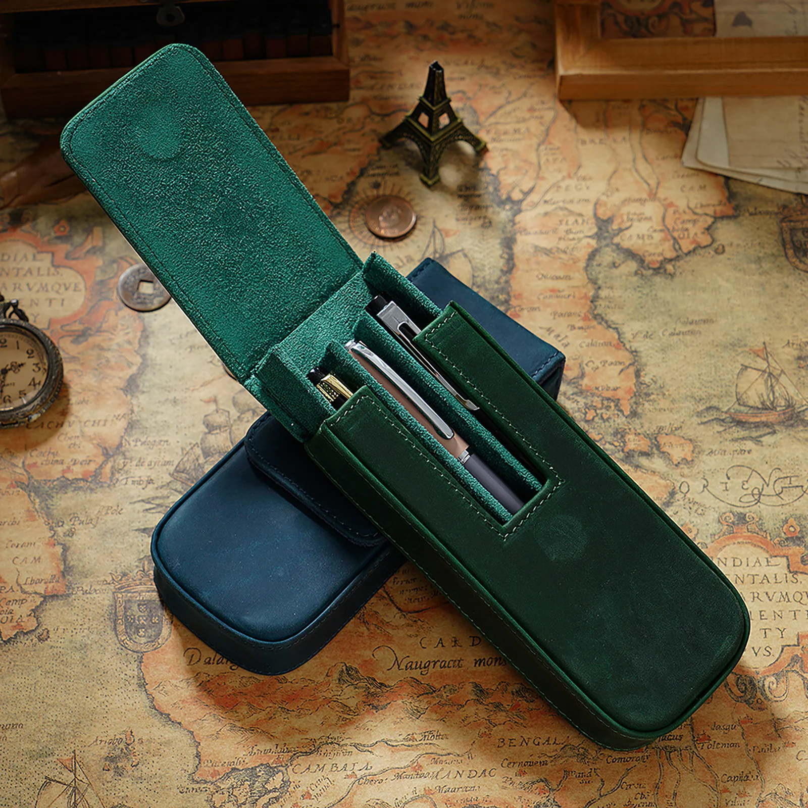 Genuine Leather Fountain Pen Case with Removable Pen Tray Holder for Three Fountain Ballpoint Rollerball Pens and Pencils
