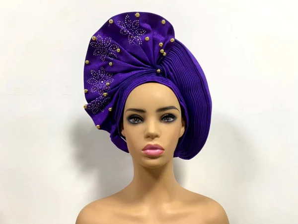 African Sego Gele Headtie Already made Auto Turban Afro Aso Ebi Oke Pink Blue With Stone Beawide Nigerian Brim For Wedding Party - Image 3