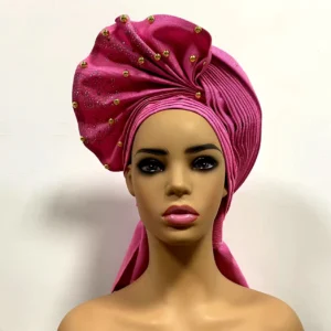 African Sego Gele Headtie Already made Auto Turban Afro Aso Ebi Oke Pink Blue With Stone Beawide Nigerian Brim For Wedding Party