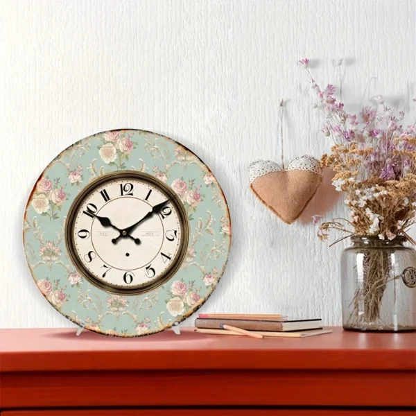 1pc Floral Round Wall Clock For Home Decor Living Room Rustic Clock Retro Clock AA Battery (not Included) - Image 9