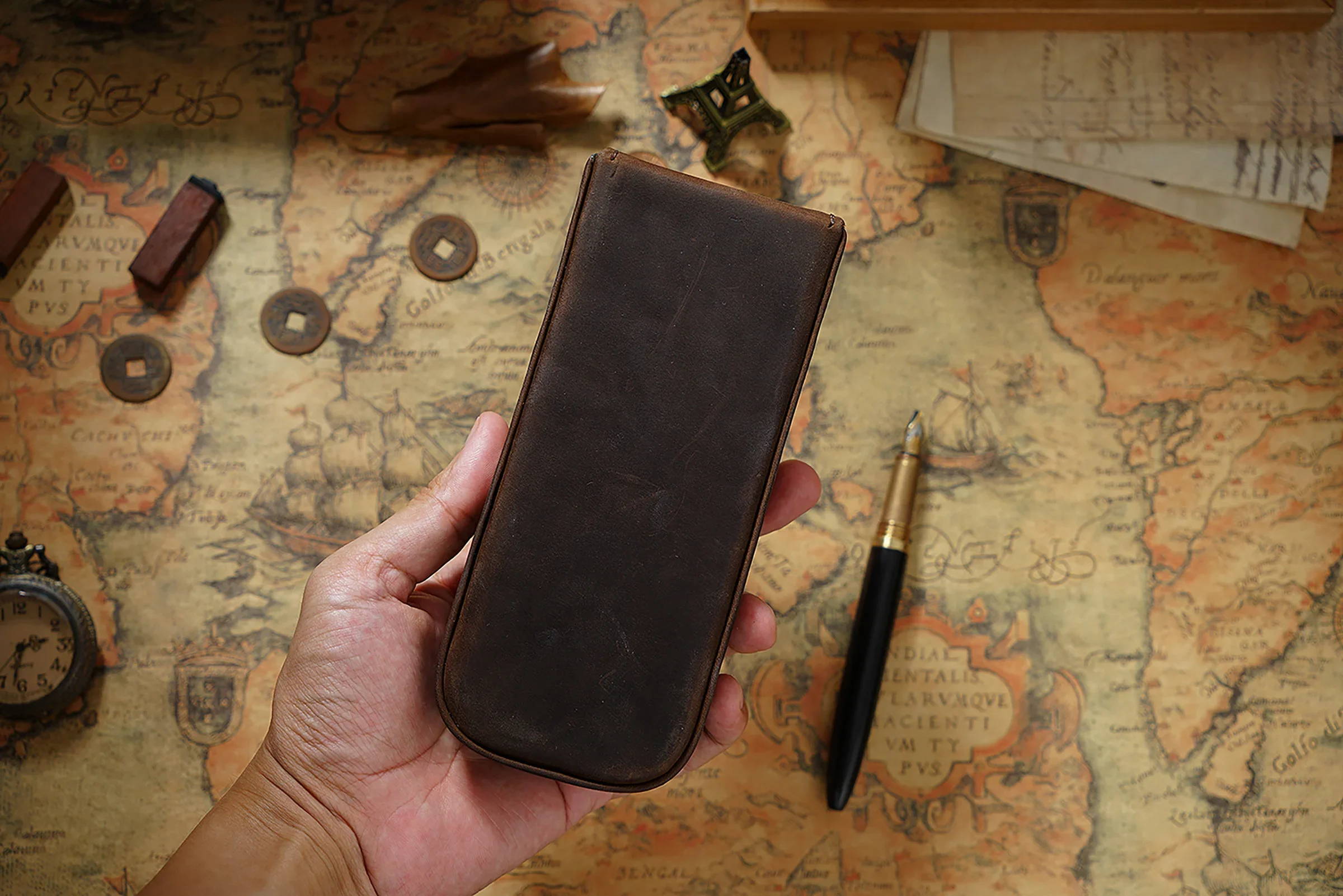 Genuine Leather Fountain Pen Case with Removable Pen Tray Holder for Three Fountain Ballpoint Rollerball Pens and Pencils - Image 42