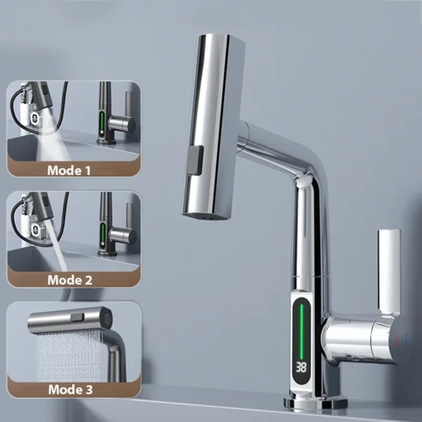 Waterfall Temperature Digital Display Basin Faucet Lift Up Down Stream Sprayer Hot Cold Water Sink Mixer Wash Tap For Bathroom - Image 9
