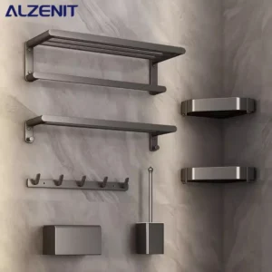 Gun Gray Space Aluminum Bathroom Towel Rack Wall Mounted Shelf Organizer Toilet Brush Holder Tissue Box Bathroom Accessories Set