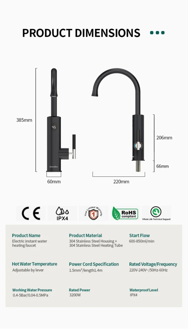Briwellna Electric Water Heater 220V Flowing Heater Kitchen Faucet 2 in 1 Tap Tankless Water Heating Mixer Electric Geyser - Image 24