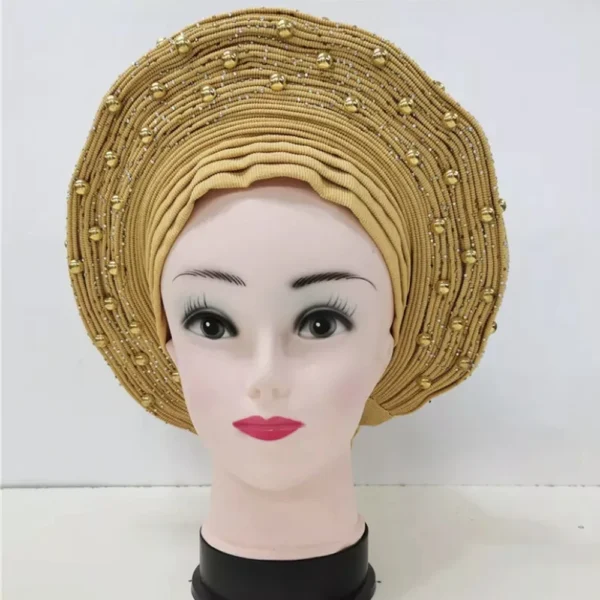 African Sego Gele Headtie Already made Auto Turban Afro Aso Ebi Oke Pink Blue With Stone Beawide Nigerian Brim For Wedding Party - Image 37