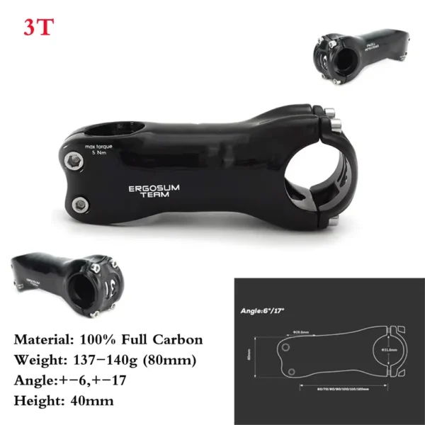 TOP Brand 3T Superlight Full Carbon Stem Road Mountain Bike Stem Angle 6 or Angle 17 60-130mm Black  Glossy