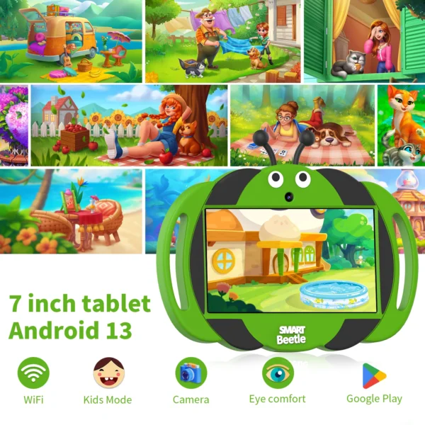 PRITOM Kids 7 inch Tablet for Kids 32GB ROM Android 13 Bluetooth, WiFi, GMS, Parental Control, Dual Camera, Shockproof Case - Image 3