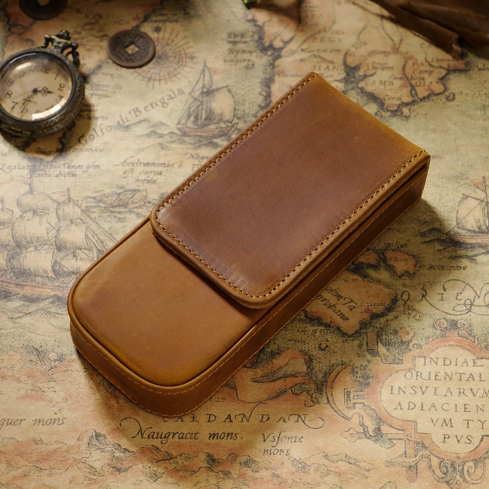 Genuine Leather Fountain Pen Case with Removable Pen Tray Holder for Three Fountain Ballpoint Rollerball Pens and Pencils - Image 8