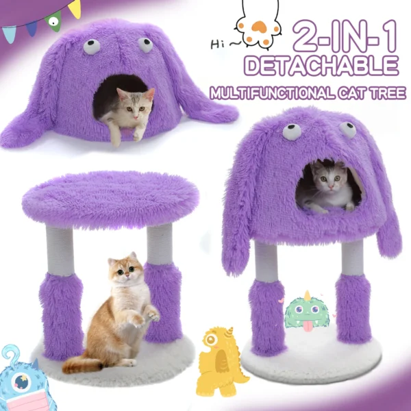 2 in 1 Cat Tree with Natural Sisal Scratching Posts, Cute Plush Small Cat Tower, Large Cat Condo for Indoor, Kitten Bed House - Image 10