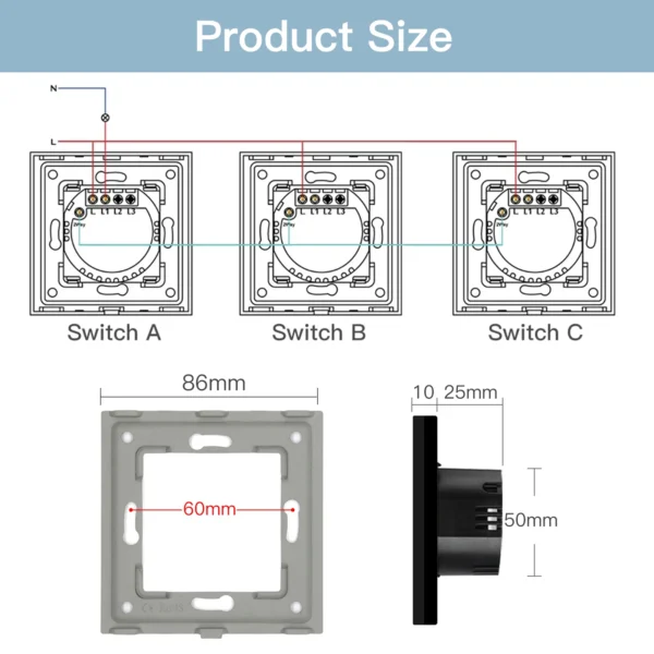 BSEED Touch Light Switches 1Gang 3Way For Staircase Hallway Corridor EU Standard Glass Panel Blue BackLight 10A 3Pack - Image 6