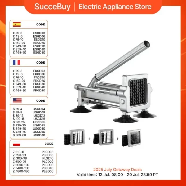 SucceBuy French Fry Cutter Potato Slicer 1/2 3/8 1/4-Inch Stainless Steel Blades for French Fries Cucumber Vegetables Carrot