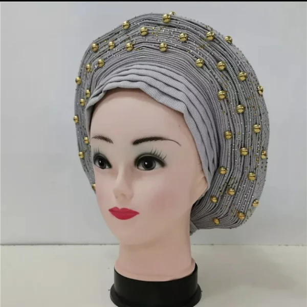 African Sego Gele Headtie Already made Auto Turban Afro Aso Ebi Oke Pink Blue With Stone Beawide Nigerian Brim For Wedding Party - Image 12