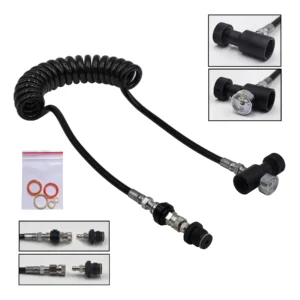 HPA 100inches(2.5M) Thick Coil Remote Hose Line with or without 3000psi Gauge 8mm Male and Female Quick Disconnect Slide Check
