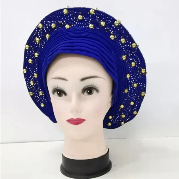 African Sego Gele Headtie Already made Auto Turban Afro Aso Ebi Oke Pink Blue With Stone Beawide Nigerian Brim For Wedding Party - Image 25