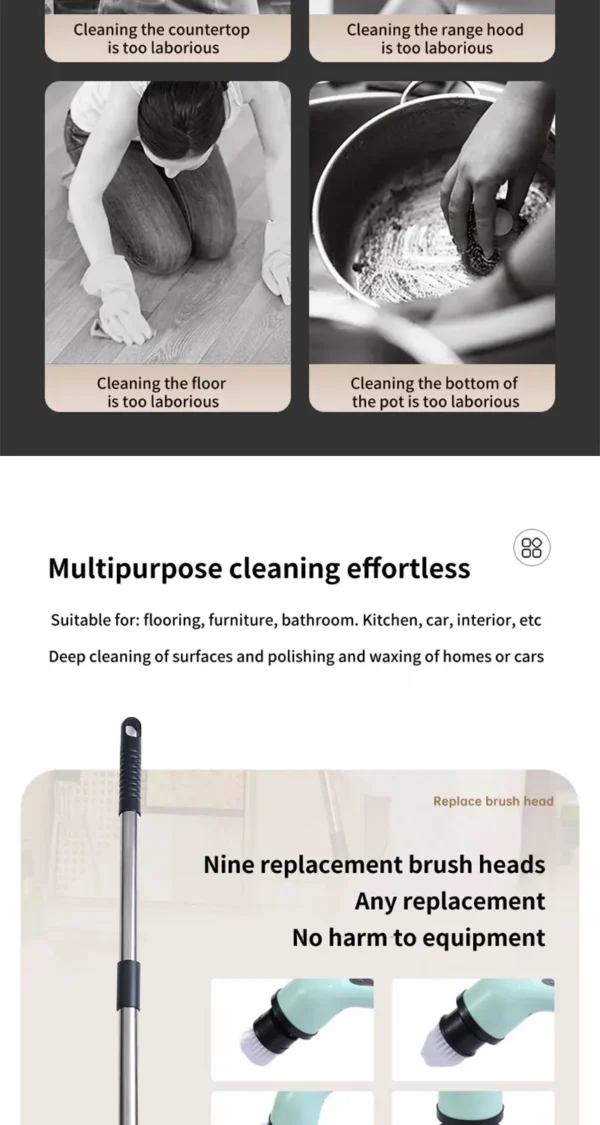Electric Bathroom Cleaning Brush 9-in-1 Wireless Household Rotation Cleaning Brush for Bathroom Kitchen Toilet Cleaning Scrubber - Image 12