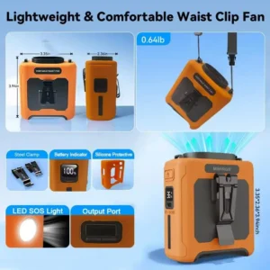10000mAh Waist Fan Wearable Waist Fan 5 Speeds & Light 40H Hands-Free Cooling for Outdoor Jobsite Travel Long range for outdoor