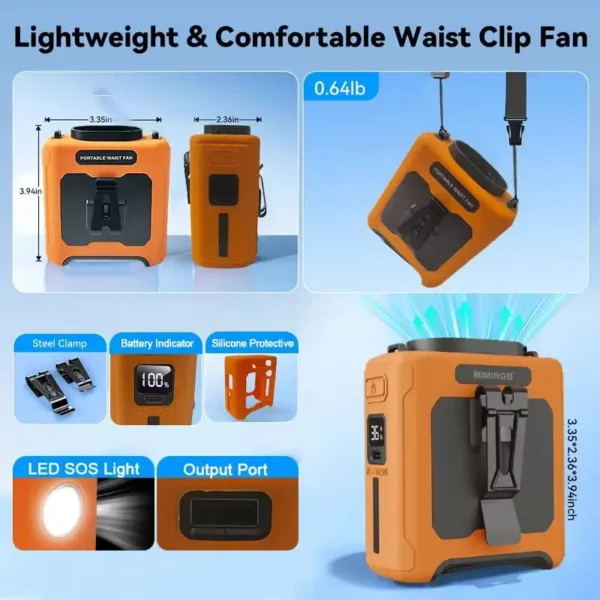 10000mAh Waist Fan Wearable Waist Fan 5 Speeds & Light 40H Hands-Free Cooling for Outdoor Jobsite Travel Long range for outdoor