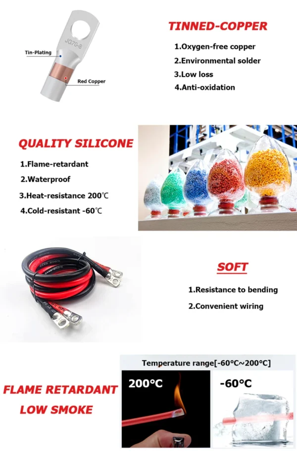 Soft Car Battery Silicone Cable with M6 M8 M10 Lug Red Black 1 2 4 6 8 10 AWG Electrical Wires for Auto Solar Panel Inverter UPS - Image 12