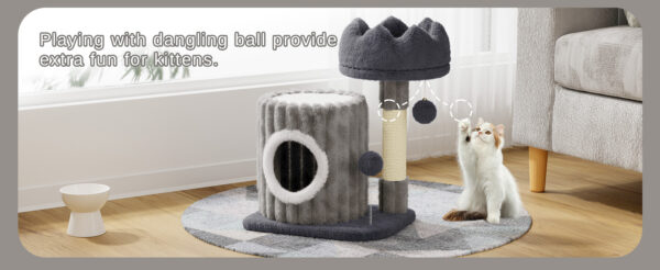 Oak & Tea Cat Tree Small 53cm with Scratch column Cave Seat & 2 Play Balls Cat House for Cats & Kittens Light Grey - Image 11