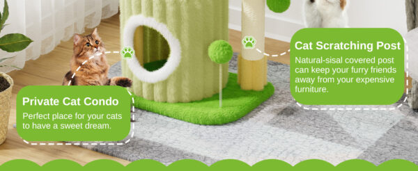 Oak & Tea Cat Tree Small 53cm with Scratch column Cave Seat & 2 Play Balls Cat House for Cats & Kittens Light Grey - Image 13